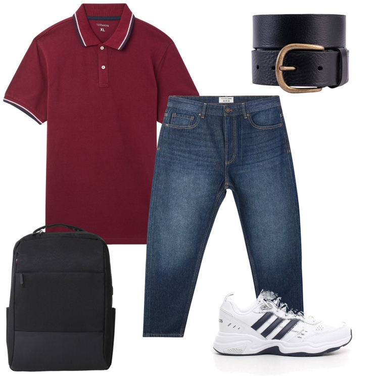 Outfit uomo - Colore. per Ufficio. Abbinamento con jeans, polo, borse sportive, sneakers, cinture.