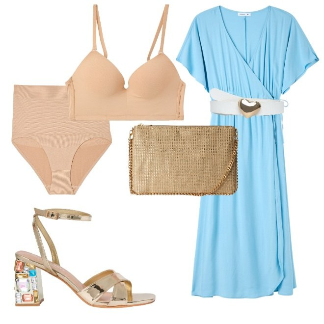Outfit donna - Abito a portafoglio.. Stile Romantica per Tutti i giorni. Abbinamento con cinture, vestiti lunghi, borse a tracolla, reggiseni push-up, culotte, sandali gioiello.