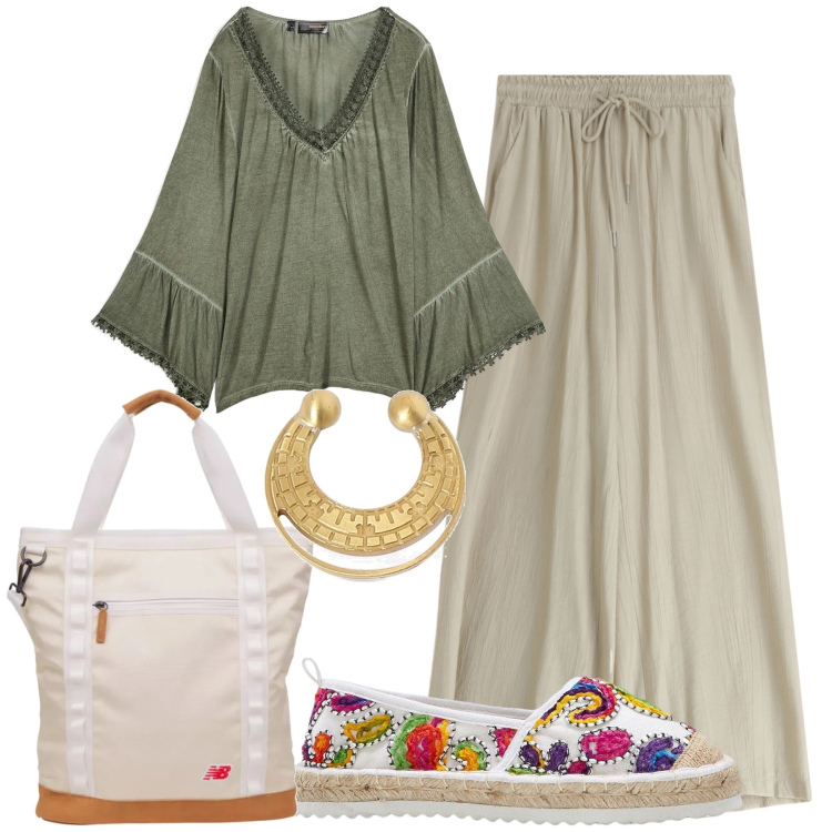 Outfit donna - La camicia fresca. Stile Boho per Tutti i giorni. Abbinamento con espadrillas, maglieria, shopping bag, pantaloni, orecchini.
