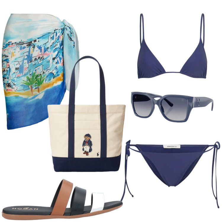 Outfit donna - Total look #2188389. Stile Bon Ton per Mare. Abbinamento con sandali in pelle, occhiali da sole, vestiti da spiaggia, borse tote, bikini.