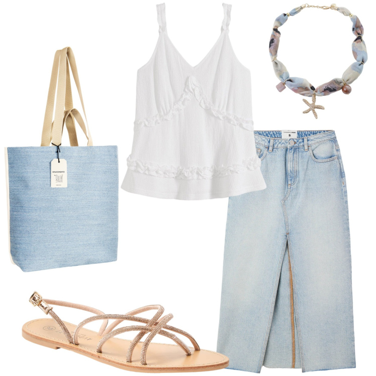 Outfit donna - In città. Stile Casual per Tutti i giorni. Abbinamento con top, sandali, gonne lunghe, borse tote, collane.