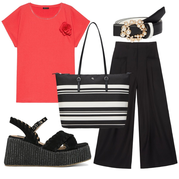 Outfit donna - La t-shirt corallo. Stile Bon Ton per Tutti i giorni. Abbinamento con borse tote, zeppe, bluse, cinture, pantaloni.
