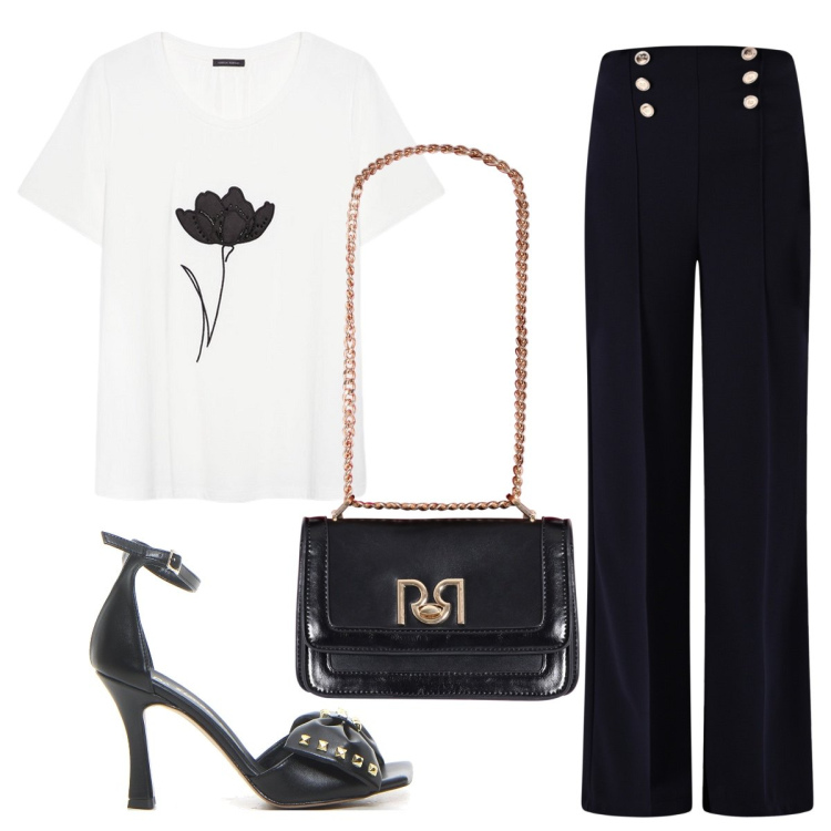 Outfit donna - La t-shirt bianca con fiore e perline. Stile Bon Ton per Serata fuori. Abbinamento con pantaloni, borse a tracolla, t-shirt, sandali in pelle.