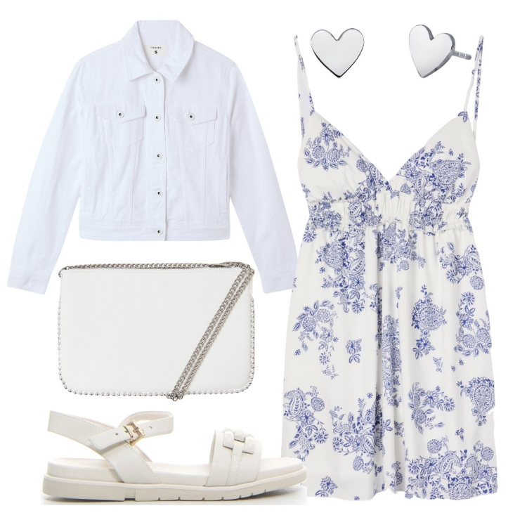 Outfit donna - Bianco e blu. Stile Bon Ton per Serata fuori. Abbinamento con vestiti corti, borse a tracolla, blazer, orecchini, sandali.
