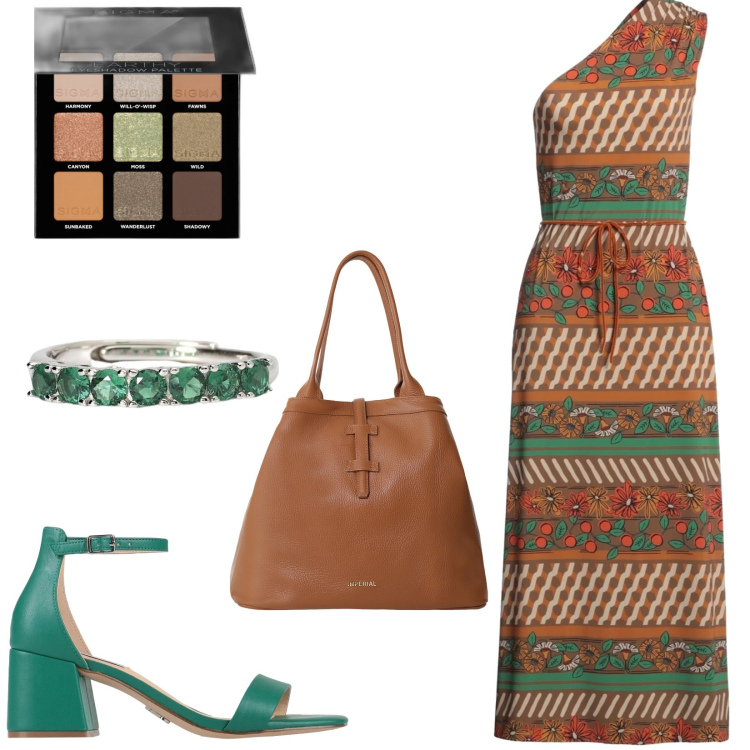 Outfit donna - Summer dress midi. Stile Etnico per Tutti i giorni. Abbinamento con vestiti lunghi, sandali in pelle, ombretti, anelli, borse tote.