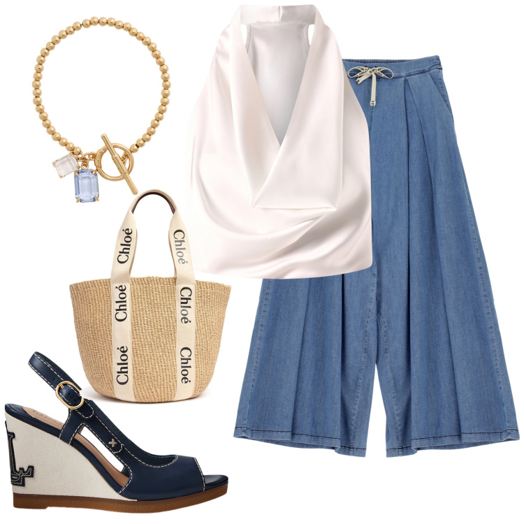 Outfit donna - Jeans e zeppa. Stile Trendy per Tutti i giorni. Abbinamento con top, jeans, braccialetti, sandali in pelle, shopping bag.