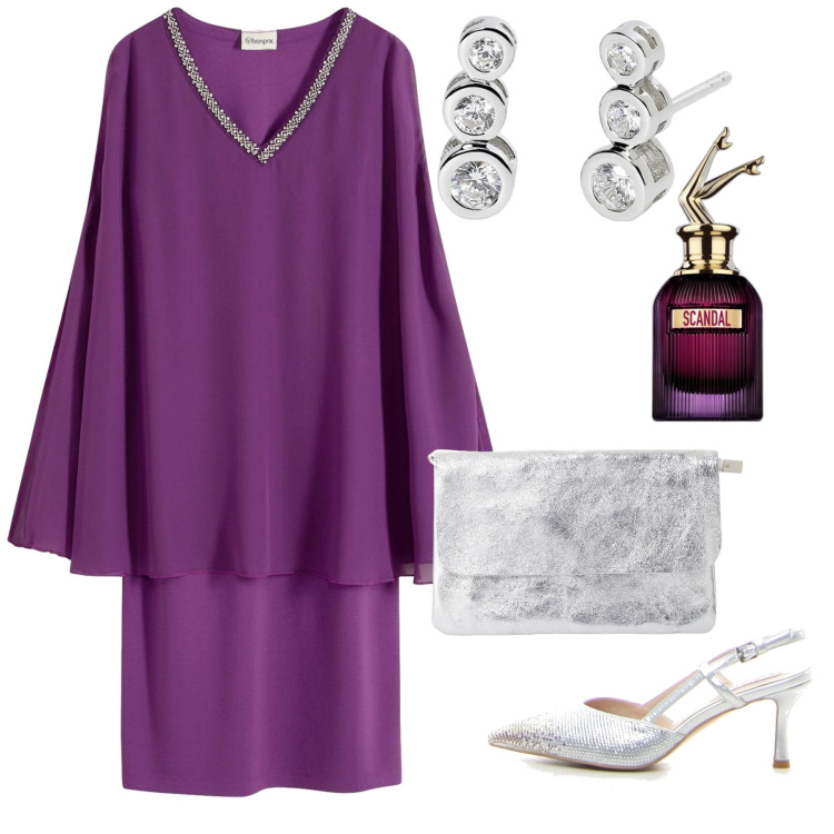 Outfit donna - Nonna della sposa. Stile Chic per Cerimonia. Abbinamento con vestiti, profumi, orecchini, borse a tracolla, décolleté.