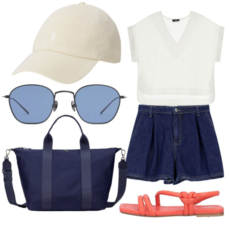 Outfit donna - Trendy al mare. Stile Trendy per Mare. Abbinamento con sandali in pelle, shorts, camicie a manica corta, borse tote, cappelli, occhiali da sole.