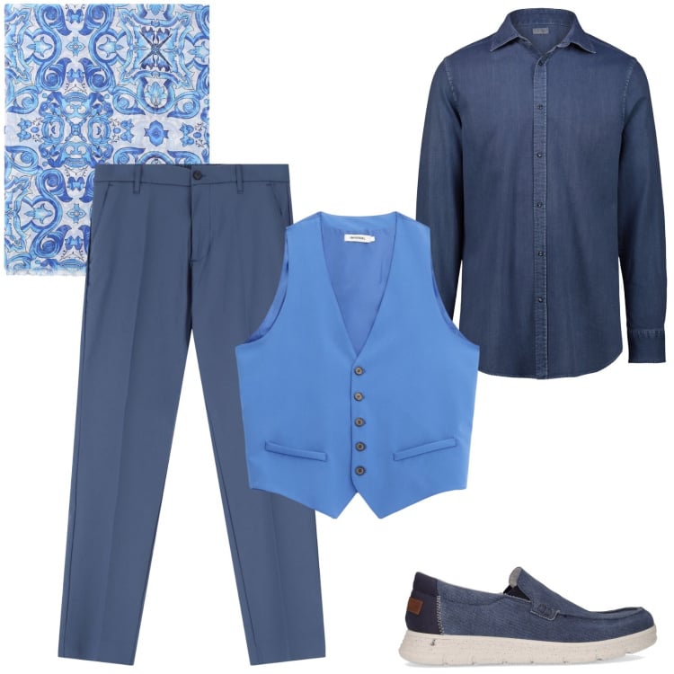 Outfit uomo - Total blu. Stile Trendy per Serata speciale. Abbinamento con gilet, pantaloni, sciarpe e foulard, camicie, scarpe stringate.