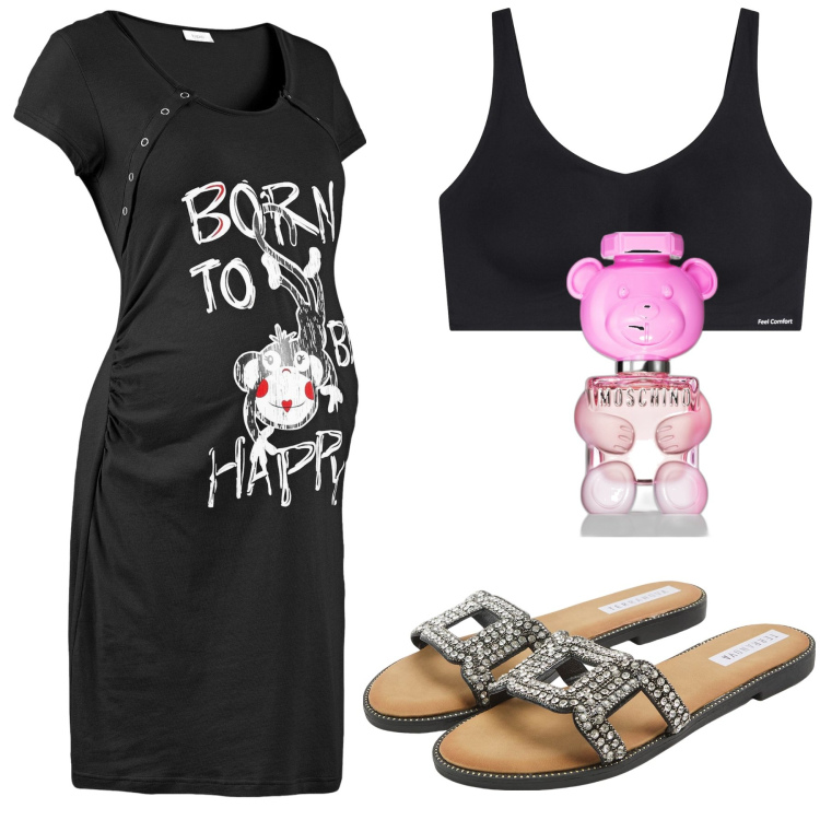Outfit donna - Buona notte futura mamma. Stile Basic per Tutti i giorni. look ideale per Premaman. Abbinamento con camicie da notte, reggiseni, profumi, ciabatte.