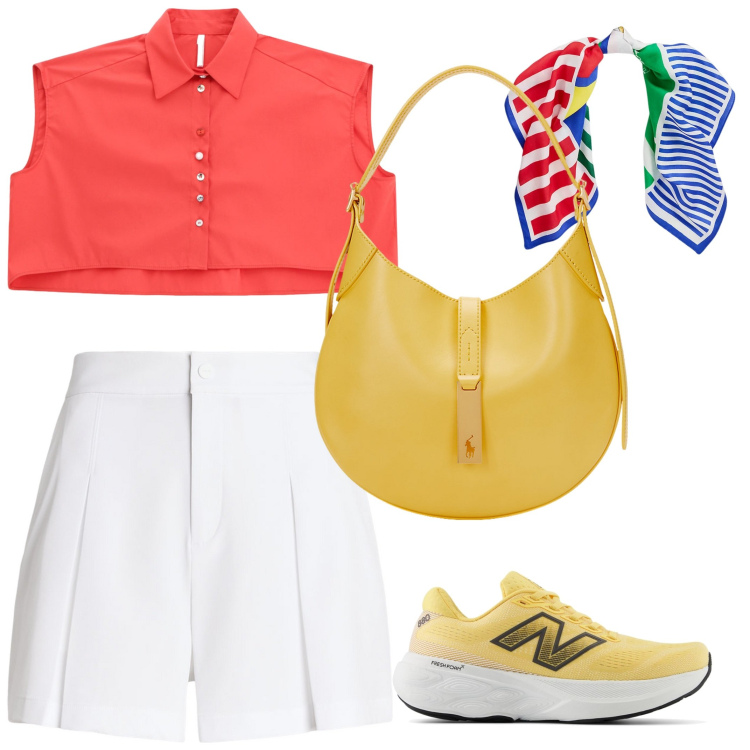 Outfit donna - Corallo e Limone. Stile Casual per Tutti i giorni. Abbinamento con sneakers, camicie, minigonne, borse a spalla, foulard.