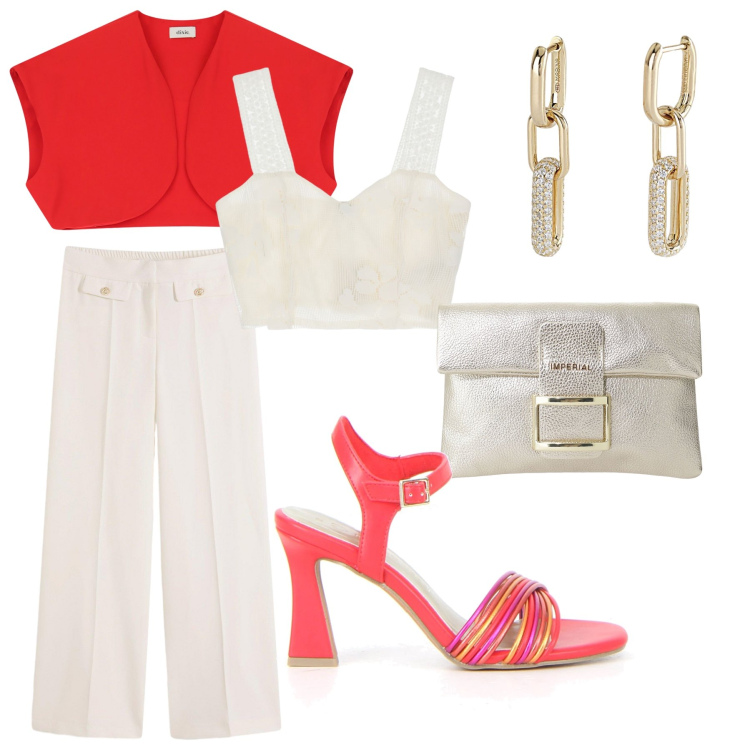 Outfit donna - L’eleganza del corallo. Stile Chic per Serata fuori. Abbinamento con pantaloni, orecchini, pochette, gilet, top, sandali col tacco.