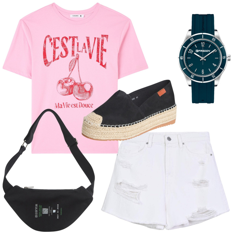 Outfit donna - Ricordi estivi. Stile Sporty chic per Tutti i giorni. Abbinamento con t-shirt, marsupi, shorts, espadrillas, orologi.
