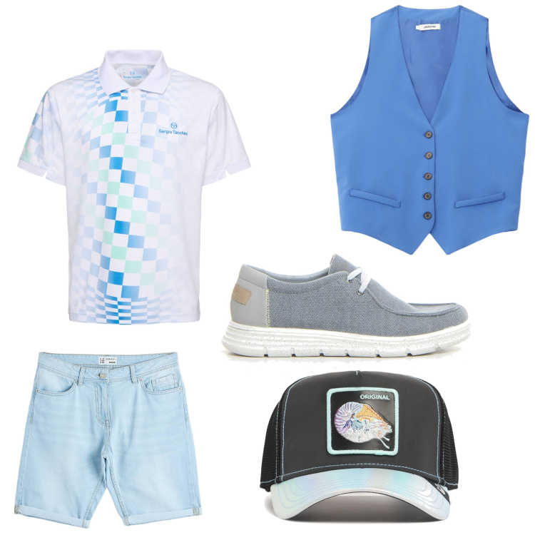 Outfit uomo - Viva i biancazzurra. Stile Business/Elegante per Serata speciale. Abbinamento con bermuda, gilet, cappelli con visiera, polo, scarpe stringate.