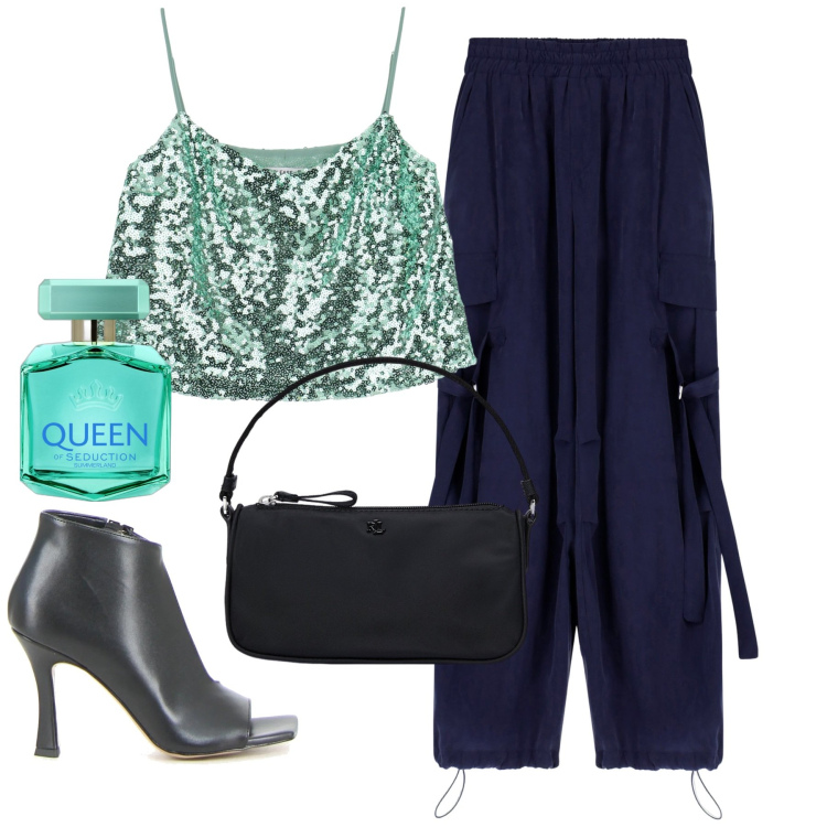 Outfit donna - Serata cargo. Stile Glamour per Serata fuori. Abbinamento con profumi, top, pantaloni cargo, pochette, sandali col tacco.