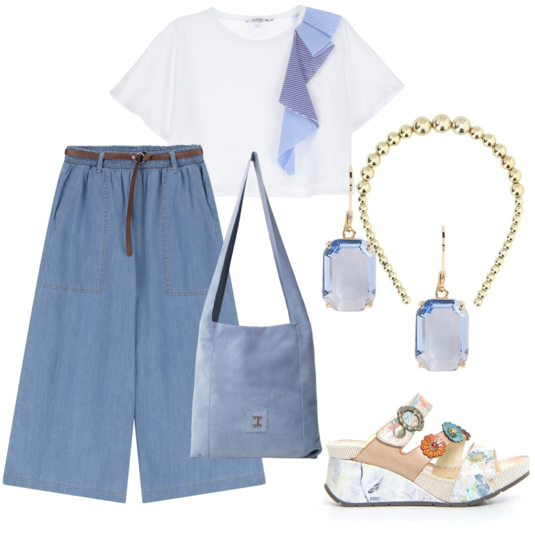 Outfit donna - Please - Drive me to the Sea!. Stile Romantica per Mare. Abbinamento con t-shirt, jeans, borse a tracolla, cerchietti, orecchini, ciabatte.