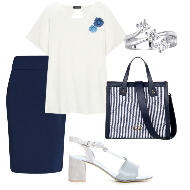 Outfit donna - La t-shirt con quel tocco in più. Stile Bon Ton per Tutti i giorni. Abbinamento con anelli, gonne, shopping bag, t-shirt, sandali col tacco.