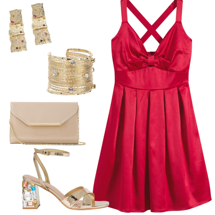 Outfit donna - Serata luminosa. Stile Glamour per Cerimonia. Abbinamento con vestiti corti, pochette, sandali gioiello, braccialetti, orecchini.