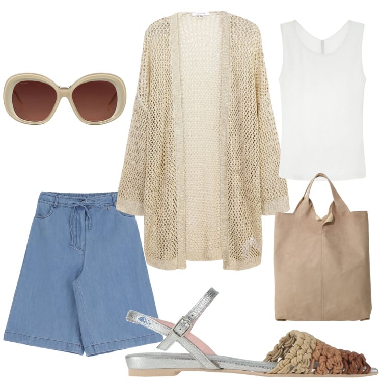 Outfit donna - Intreccio estivo. Stile Casual per Tutti i giorni. Abbinamento con sandali in pelle, occhiali da sole, kimono, canottiere, bermuda, shopping bag.