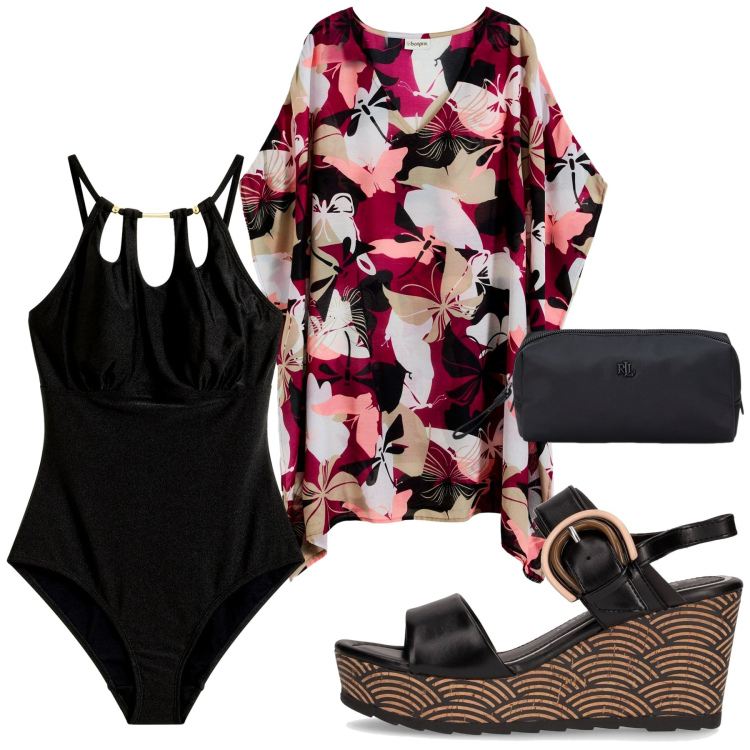Outfit donna - Costume nero. Stile Trendy per Mare. Abbinamento con costumi interi, vestiti da spiaggia, pochette, sandali col tacco.