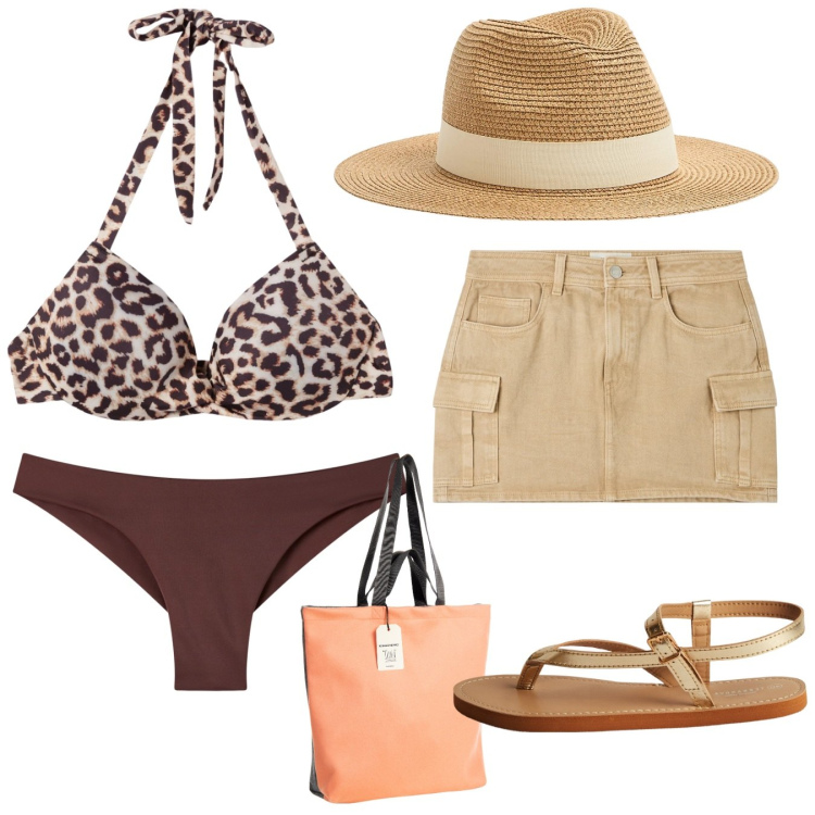 Outfit donna - Costume leopardato. Stile Glamour per Mare. Abbinamento con cappelli, minigonne, ciabatte, bikini, bikini, borse tote.