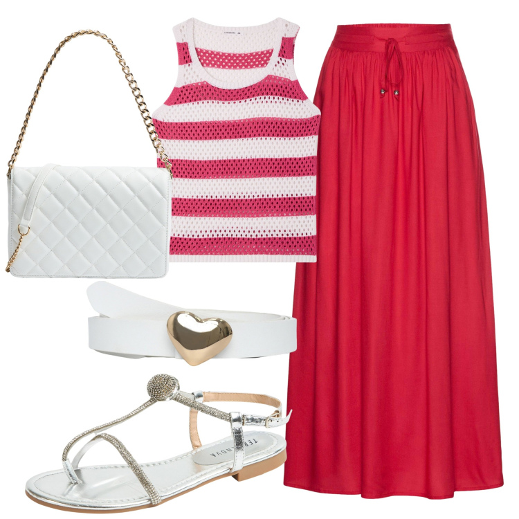 Outfit donna - Summer time. Stile Casual chic per Tutti i giorni. Abbinamento con gonne lunghe, top, cinture, borse a tracolla, ciabatte.