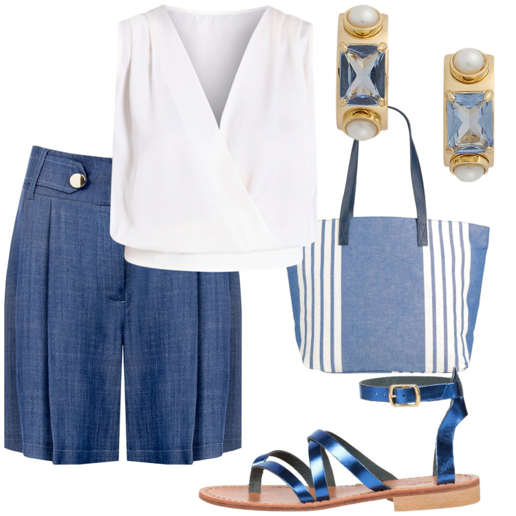 Outfit donna - Bermuda. Stile Casual chic per Ufficio. Abbinamento con infradito, borse a spalla, bermuda, top, orecchini.