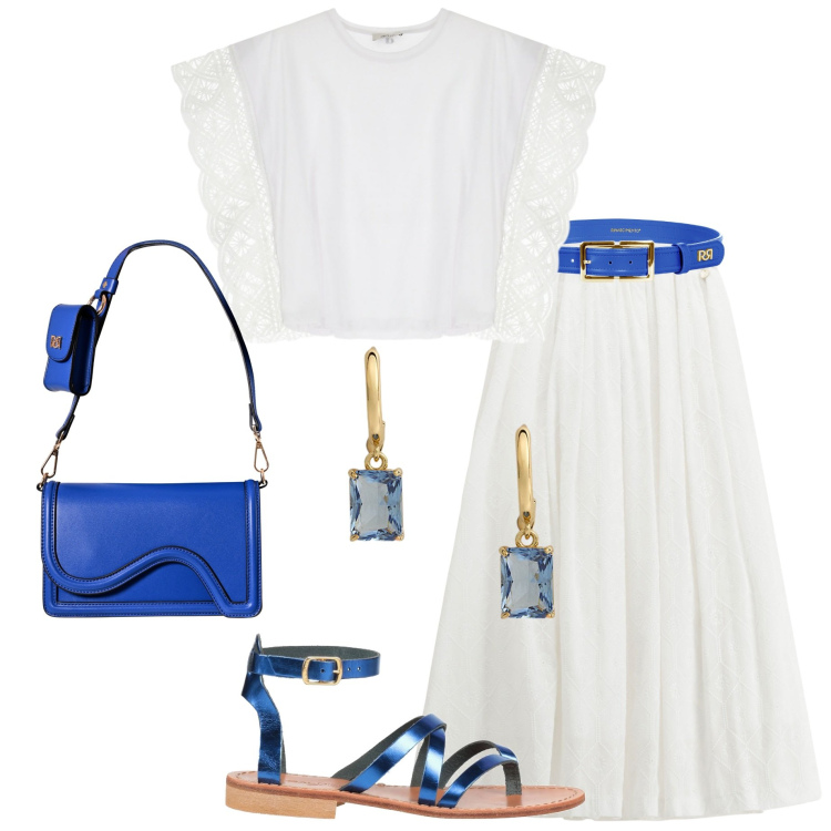 Outfit donna - Accessori bluette. Stile Bon Ton per Serata fuori. Abbinamento con infradito, cinture, pochette, gonne lunghe, t-shirt, orecchini.