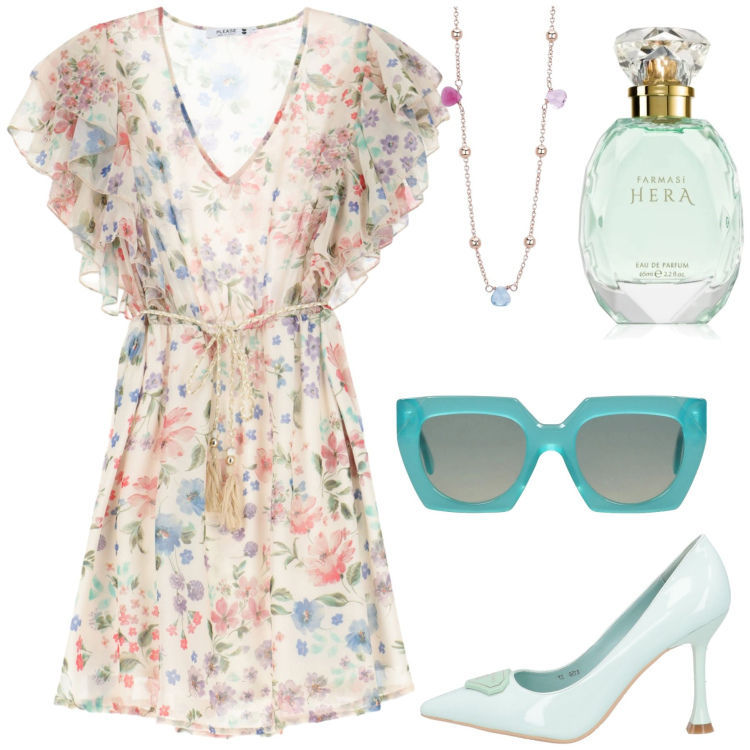 Outfit donna - Abitino leggero fiorato. Stile Casual chic per Ufficio. Abbinamento con décolleté, occhiali da sole, profumi, collane, vestiti corti.