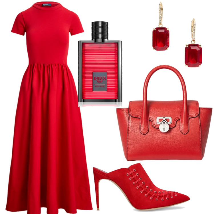 Outfit donna - Rosso passione. Stile Glamour per Serata fuori. Abbinamento con profumi, borse a mano, orecchini, vestiti, pantofole.