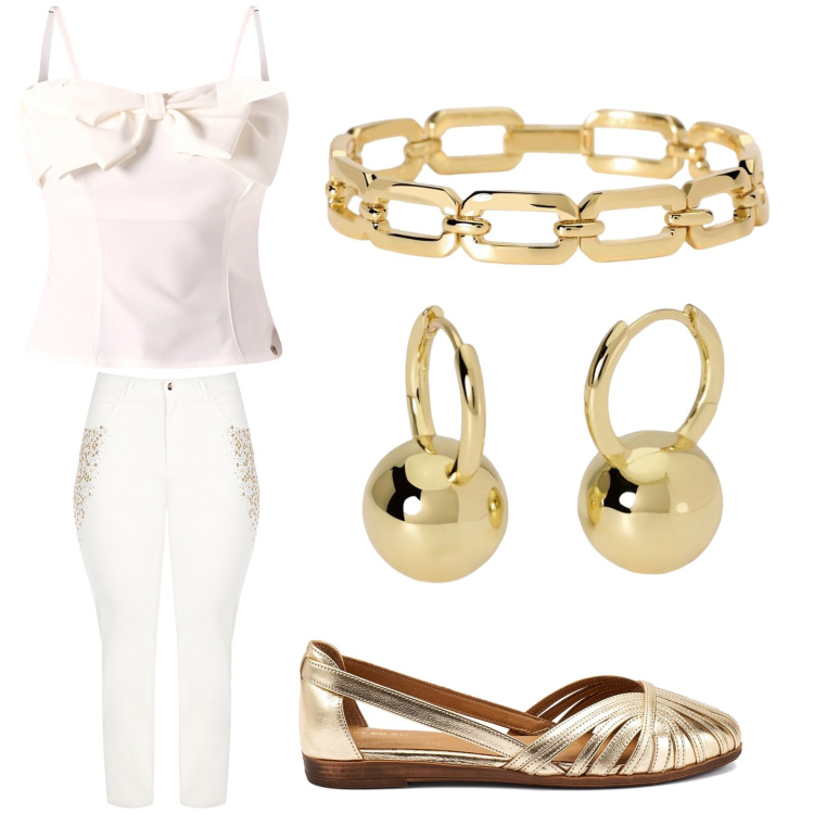 Outfit donna - Aperitivo. Stile Trendy per Tutti i giorni. Abbinamento con jeans dritti, canottiere, braccialetti, orecchini, ballerine.