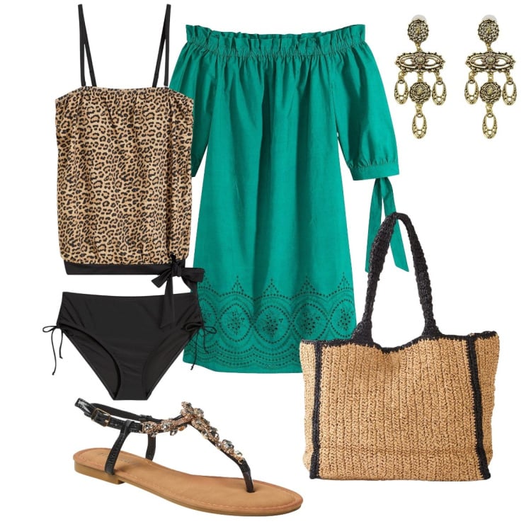 Outfit donna - Il tankini animalier. Stile Bon Ton per Mare. Abbinamento con costumi interi, shopping bag, vestiti, sandali gioiello, orecchini.