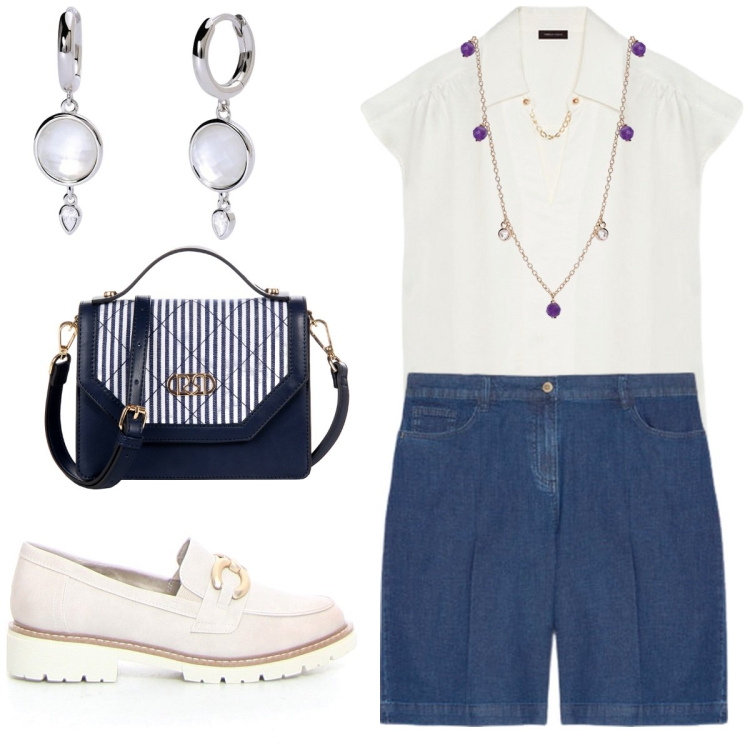 Outfit donna - Eleganza ideale. Stile Casual chic per Tutti i giorni. Abbinamento con orecchini, collane, borse a mano, bluse, mocassini, shorts.