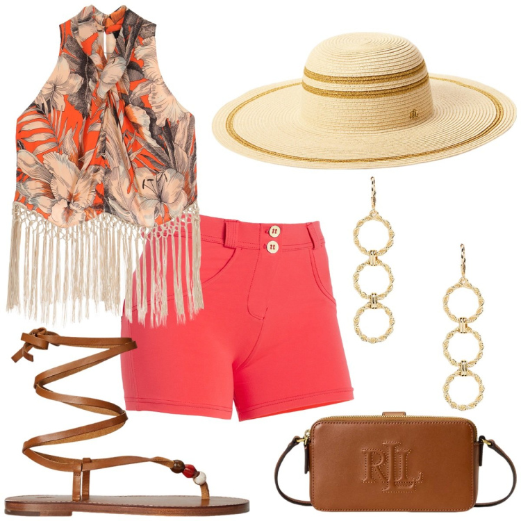 Outfit donna - Voglia di libertà. Stile Boho per Tutti i giorni. Abbinamento con shorts, top, portafogli, orecchini, sandali gioiello, cappelli.