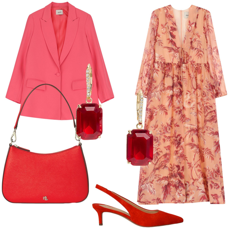 Outfit donna - La madrina di cresima in rosso. Stile Bon Ton per Cerimonia. Abbinamento con vestiti lunghi, blazer, décolleté, borse a spalla, orecchini.