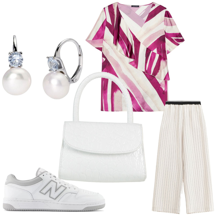 Outfit donna - Tutti i giorni. Stile Casual per Tutti i giorni. Abbinamento con borse a mano, orecchini, sneakers, pantaloni, bluse.