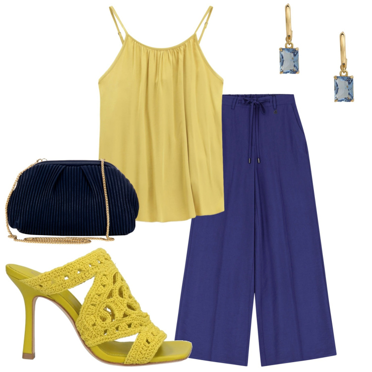 Outfit donna - Giallo e blu. Stile Casual chic per Serata fuori. Abbinamento con sandali in pelle, pochette, pantaloni, top, orecchini.