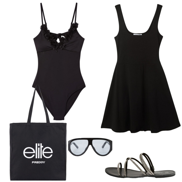 Outfit donna - Black holiday. Stile Basic per Mare. Abbinamento con vestiti, costumi interi, sandali, occhiali da sole, shopping bag.
