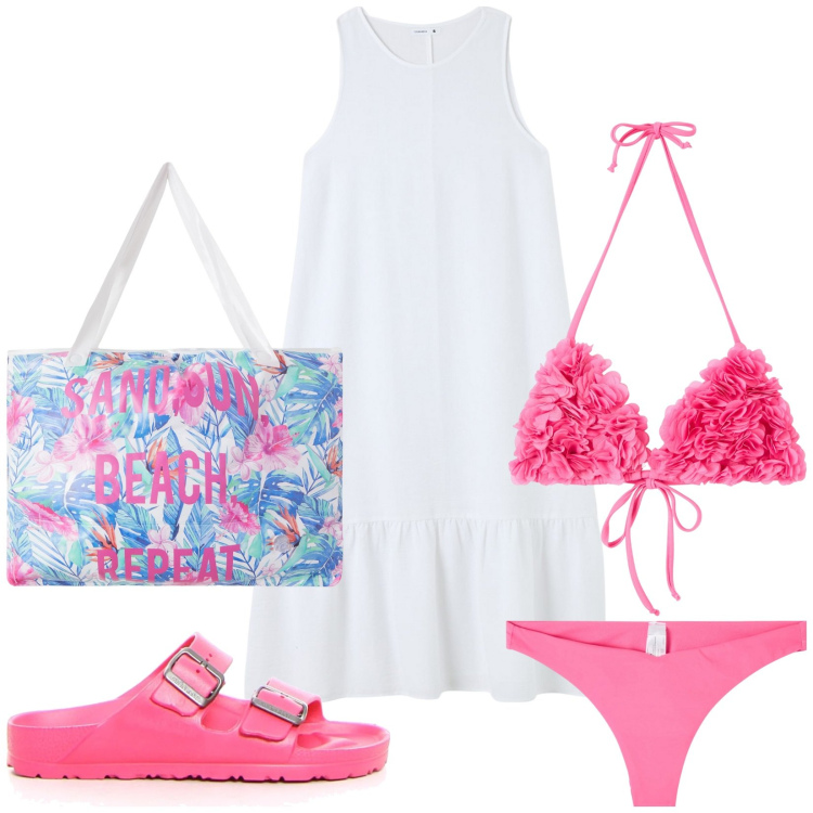 Outfit donna - Abito bianco per il mare. Stile Trendy per Mare. Abbinamento con borse tote, bikini, bikini, vestiti lunghi, ciabatte.