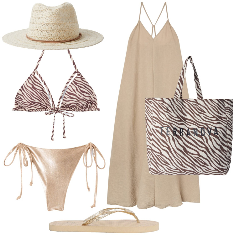 Outfit donna - Finalmente mare!. Stile Etnico per Mare. Abbinamento con vestiti lunghi, bikini, bikini, borse tote, cappelli, infradito.