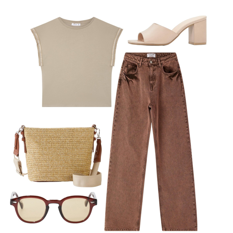 Outfit donna - Open toe e jeans. Stile Casual chic per Tutti i giorni. Abbinamento con borse a tracolla, sandali col tacco, t-shirt, jeans, occhiali da sole.