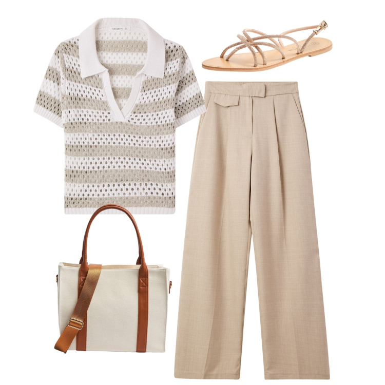 Outfit donna - In città. Stile Bon Ton per Ufficio. Abbinamento con pantaloni, t-shirt, sandali, shopping bag.
