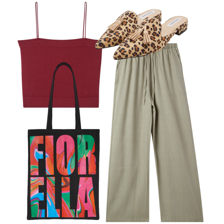 Outfit donna - Sabot maculati. Stile Casual chic per Tutti i giorni. Abbinamento con sabot, canottiere, pantaloni, borse tote.