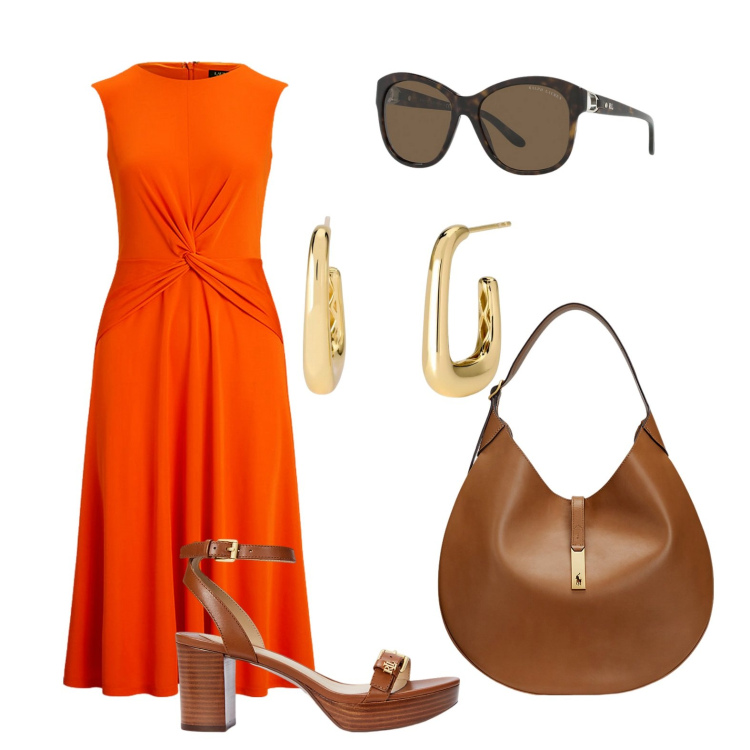Outfit donna - Corallo. Stile Chic per Tutti i giorni. Abbinamento con orecchini, borse a spalla, vestiti, sandali col tacco, occhiali da sole.