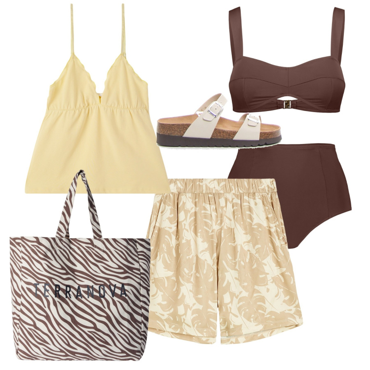 Outfit donna - In costume. Stile Chic per Mare. Abbinamento con canottiere, borse tote, pantaloni, bikini, ciabatte.