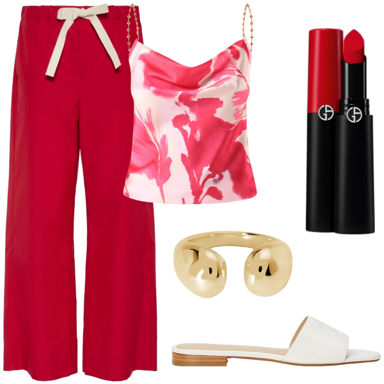 Outfit donna - Red. Stile Bon Ton per Tutti i giorni. Abbinamento con rossetti, anelli, canottiere, ciabatte, pantaloni.