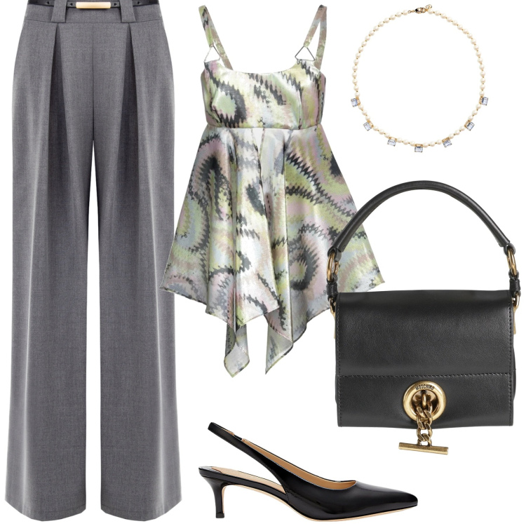 Outfit donna - Grigio. Stile Casual chic per Ufficio. Abbinamento con top, borse a mano, pantaloni a palazzo, collane, décolleté.