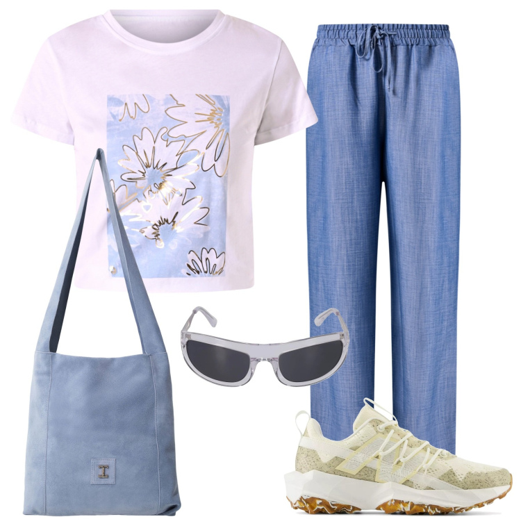 Outfit donna - Sportivo elegante. Stile Casual per Tutti i giorni. Abbinamento con borse a tracolla, sneakers, pantaloni, t-shirt, occhiali da sole.