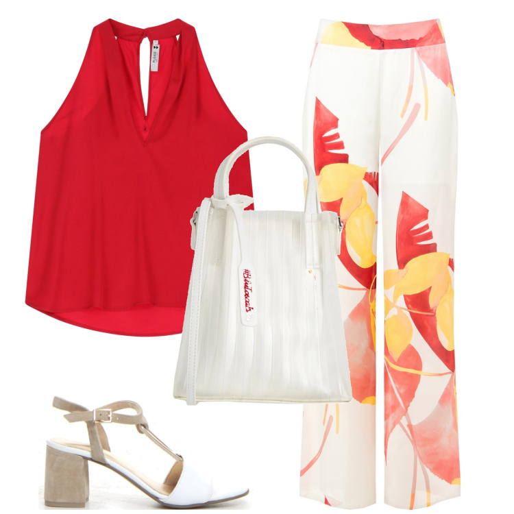 Outfit donna - Un caffè tra amiche. Stile Casual chic per Tutti i giorni. Abbinamento con borse a mano, pantaloni, top, sandali col tacco.