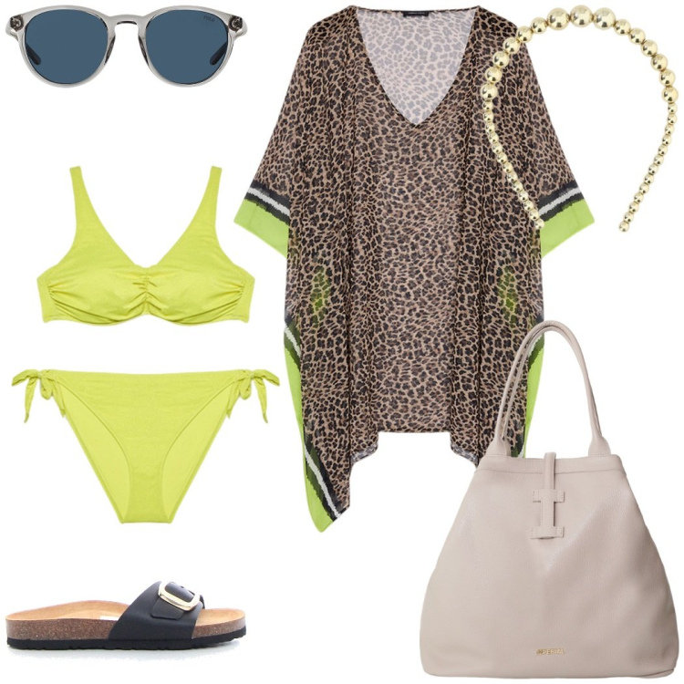 Outfit donna - Verde lime. Stile Etnico per Mare. Abbinamento con borse tote, cerchietti, occhiali da sole, caftani, bikini, ciabatte.